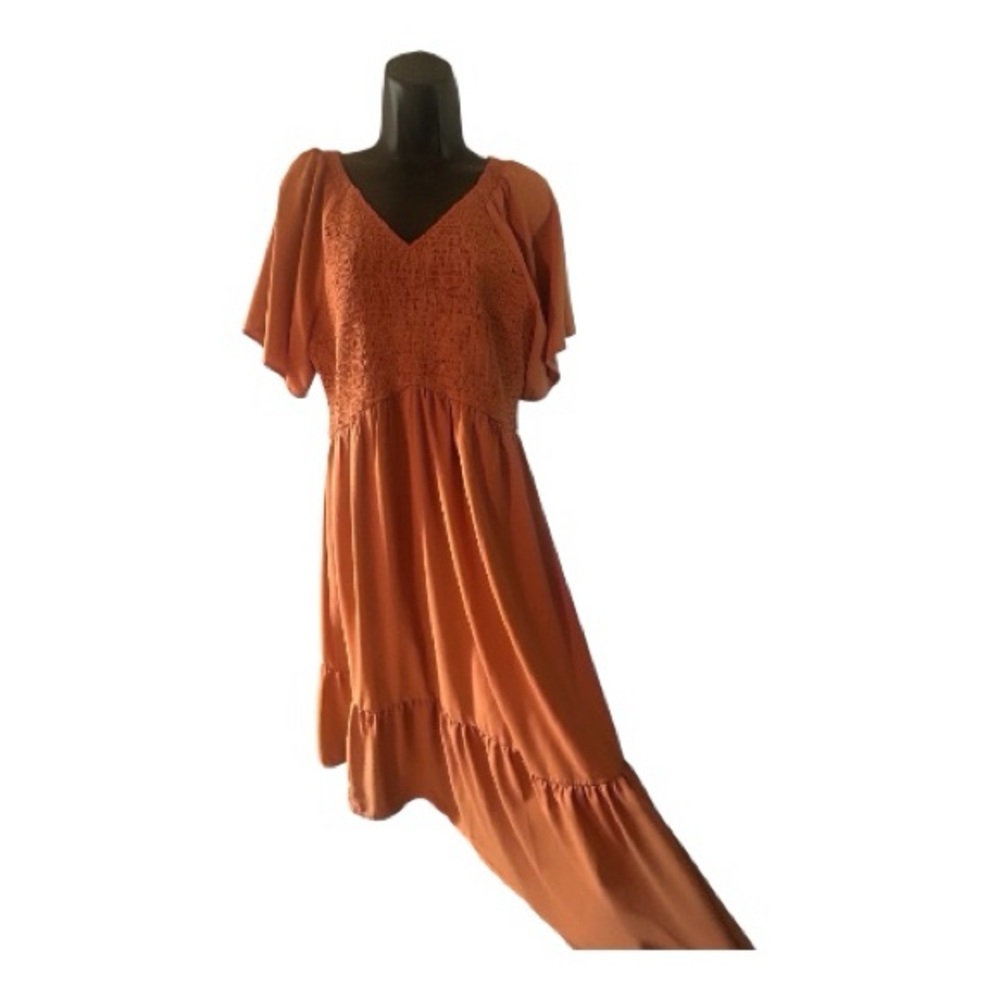 Flutter-Sleeve Midi Dress in Rust Orange